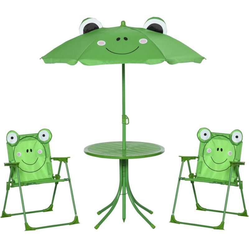 foto del prodotto easycomfort set tavolo da giardino con 2 sedie pieghevoli e ombrellone per bambini in metallo e poliestere, verde