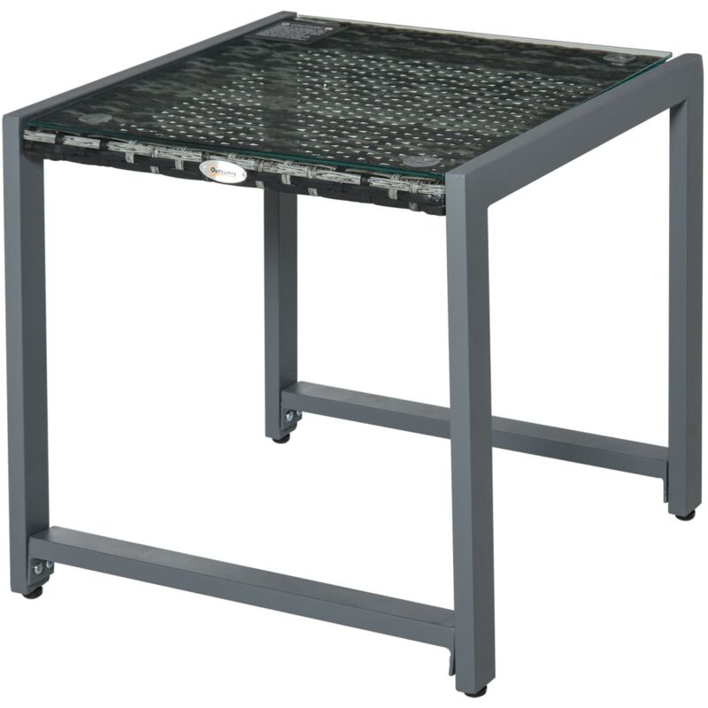 foto del prodotto easycomfort tavolino da esterno con struttura in alluminio e pe rattan e piano in vetro grigio 50x50x50cm
