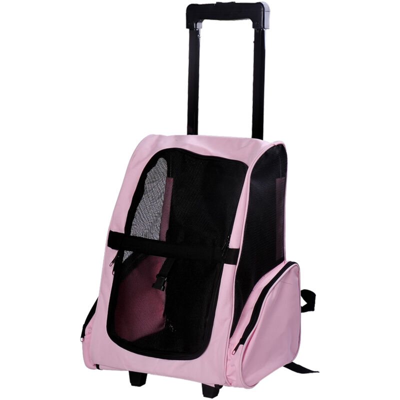 foto del prodotto easycomfort trasportino zaino 2 in 1 per cani e gatti con tasche laterali, maniglia telescopica e ruote, 42x25x55cm, rosa