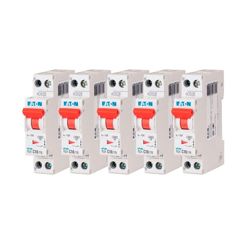 foto del prodotto eaton 264744 plg4 c10 1n disjontore modulare ph n bianco manetta rosso 1p n 10 a curva c connessione a vite 5 interruttori