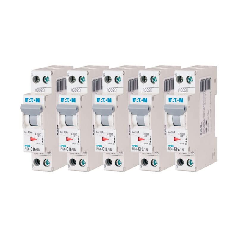 foto del prodotto eaton 264746 plg4 c16 1n disjonttore modulare ph n bianco manetta grigio 1p n 16a curva c connessione a vite 5 interruttori