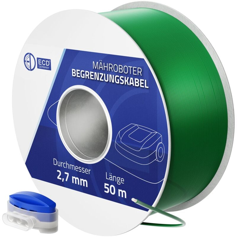 foto del prodotto ecd germany 50 m di filo di delimitazione universale per tosaerba robot 12 connettori per cavi 2,7 mm rame stagnato rotolo di cavo perimetrale