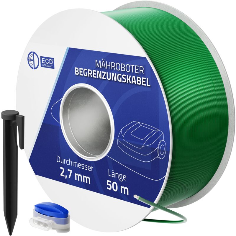 foto del prodotto ecd germany 50 m di filo di delimitazione universale per tosaerba robot 200 picchetti di terra per cavi 2,7 mm rame stagnato rotolo di cavo