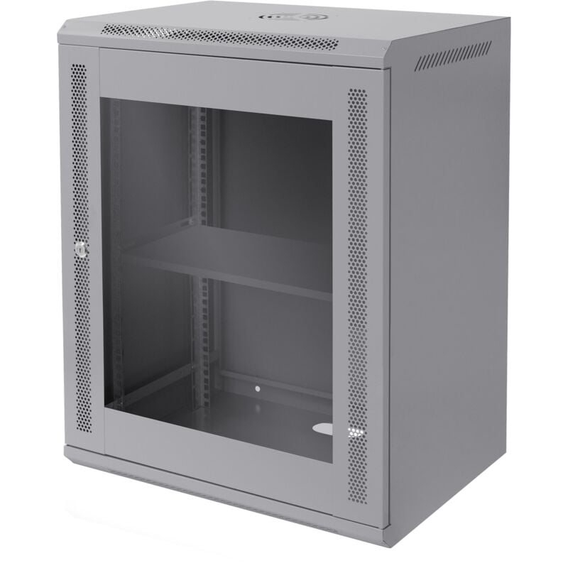 foto del prodotto ecd germany - armadio rete 15u armadio per server 19 pollici grigio 450mm profondità montaggio a parete porta vetro sicura fino a 60 kg ripiano incluso grado di protezione ip20 rack 600 x 770 x 450 mm
