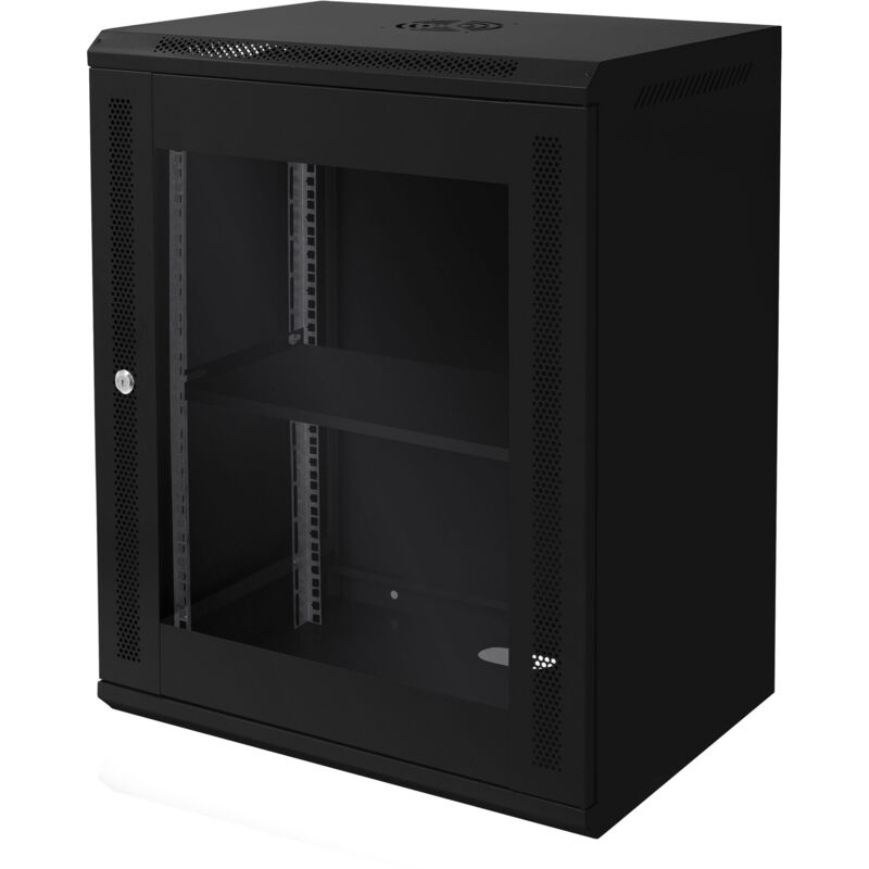 foto del prodotto ecd germany armadio rete 15u armadio per server 19 pollici nero 450mm profondit montaggio a parete porta vetro sicura fino a 60 kg ripiano incluso