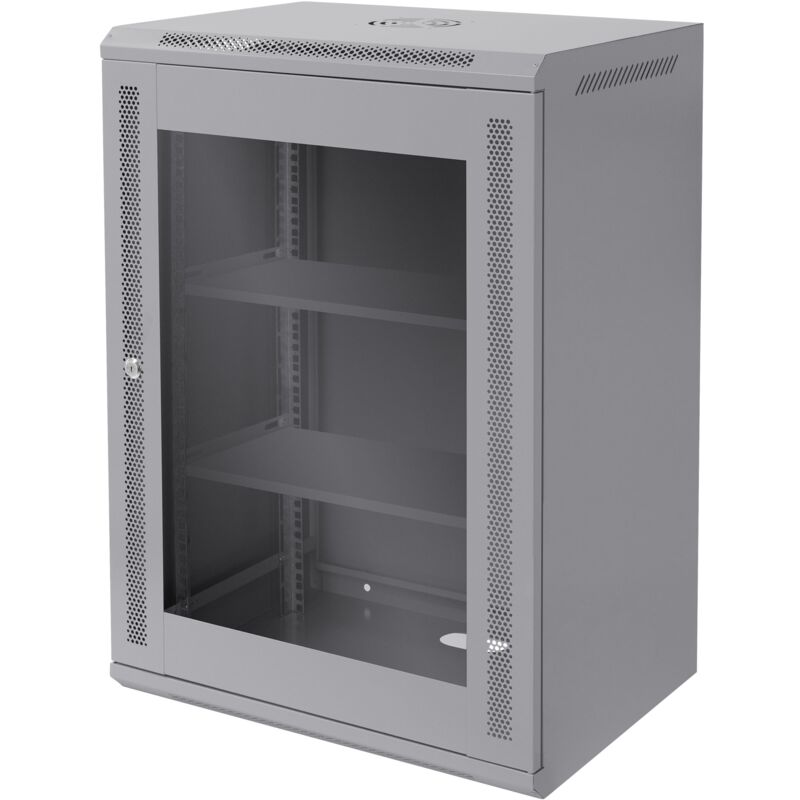 foto del prodotto ecd germany armadio rete 16u armadio per server 19 pollici grigio 450mm profondit montaggio a parete porta vetro sicura fino a 60 kg ripiano incluso