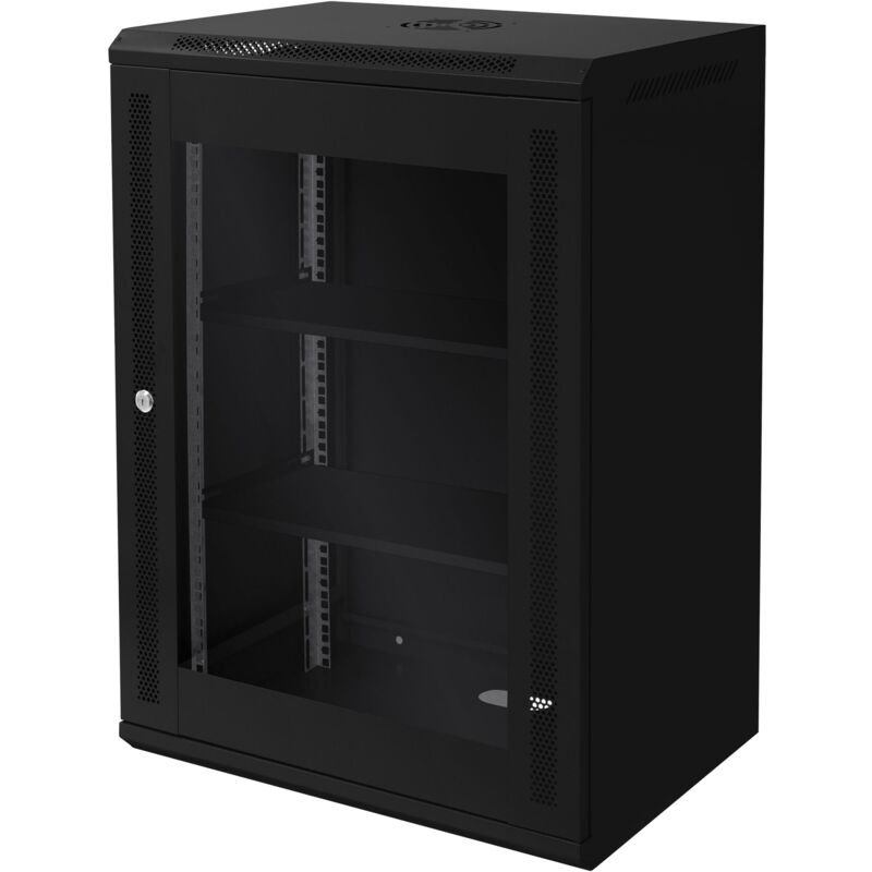 foto del prodotto ecd germany - armadio rete 16u armadio per server 19 pollici nero 450mm profondità montaggio a parete porta vetro sicura fino a 60 kg ripiano incluso grado di protezione ip20 rack 600 x 850 x 450 mm