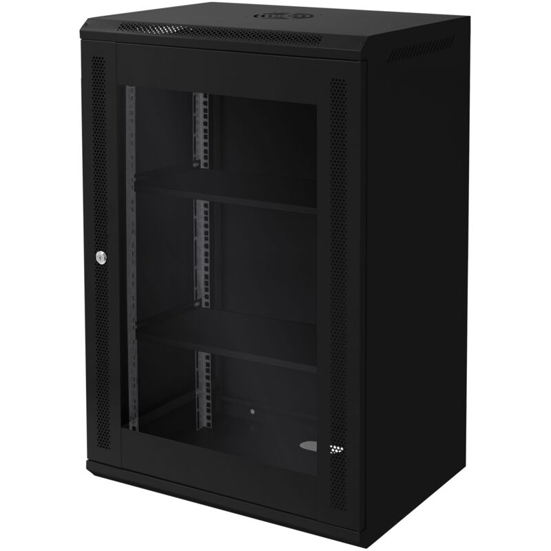 foto del prodotto ecd germany armadio rete 18u armadio per server 19 pollici nero 450mm profondit montaggio a parete porta vetro sicura fino a 60 kg ripiano incluso