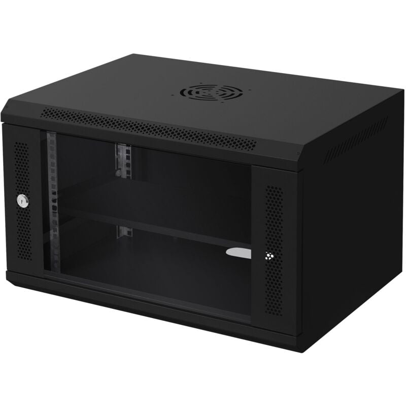 foto del prodotto ecd germany armadio rete 19 6u profondit 450 mm nero montaggio a muro vetro sicuro e bloccabile capacit 60 kg incluso ripiano ip20 per componenti
