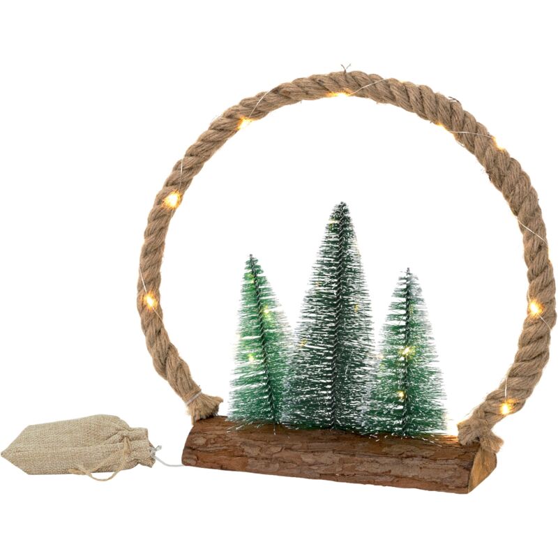 foto del prodotto ecd germany cerchio di juta con illuminazione a led 34x30x7,5 cm cerchio natalizio decorativo in corda con 30 led bianco caldo 3 abeti sacco di