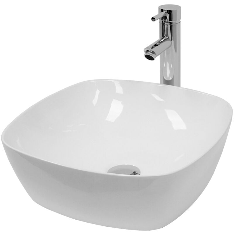 foto del prodotto ecd germany lavabo da appoggio incl. set di scarico senza troppopieno 405 x 405 x 140 mm in ceramica ovale finitura bianco lucido lavandino