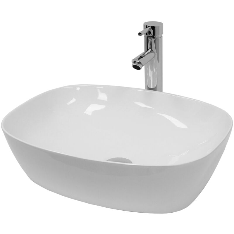 foto del prodotto ecd germany lavabo da appoggio incl. set di scarico senza troppopieno 505 x 385 x 135 mm in ceramica ovale finitura bianco lucido lavandino
