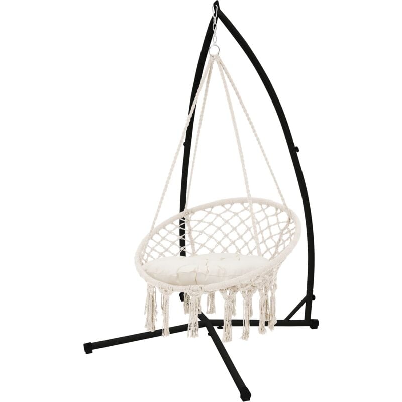 foto del prodotto ecd germany sedia sospesa in cotone beige 60cm con supporto in metallo nero 208 cm poltrona da appendere per giardino terrazza struttura per