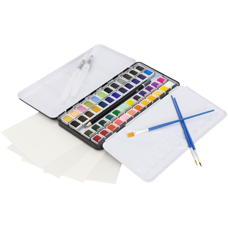 foto del prodotto ecd germany set di acquerelli 48 colori in scatola portatile inclusi 3 pennelli 1 matita 2b 2 matite acquerellabili 4 carte acquerellabili scatola