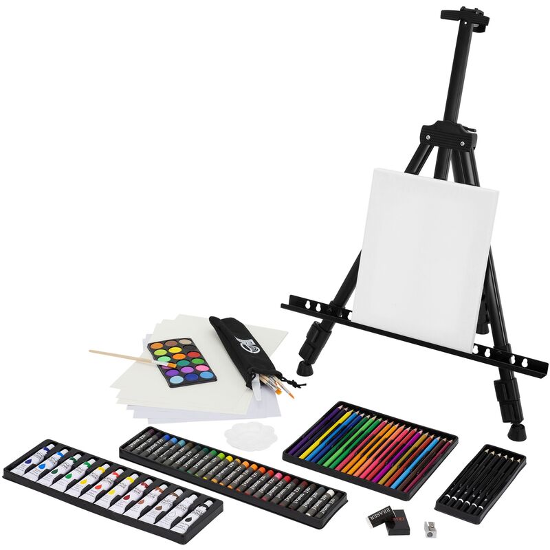 foto del prodotto ecd germany set per pittura con cavalletto treppiede in alluminio e borsa kit disegno 140 pezzi colori acrilici pastelli matite colorate acquarelli