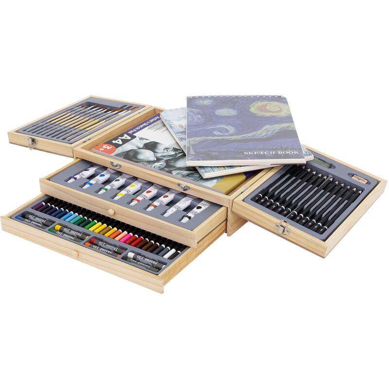 foto del prodotto ecd germany set per pittura con valigetta in legno 85 pezzi 3 blocchi da disegno a4 colori acrilici e accessori kit disegno pennelli pastelli