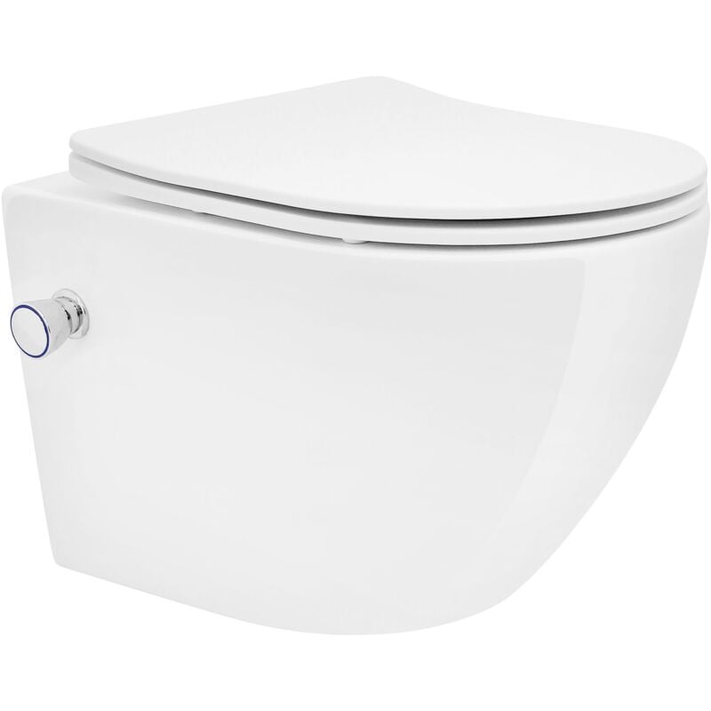 foto del prodotto ecd germany wc sospeso a muro bianco design in ceramica vaso con funzione bidet corto senza bordo e sedile duroplast rimovibile copriwater soft