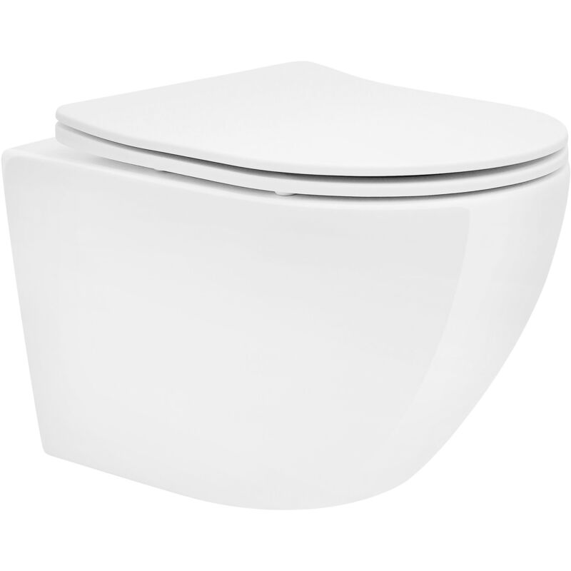 foto del prodotto ecd germany wc sospeso a muro bianco lucido in ceramica corto 49 cm senza bordo toilette con sedile in duroplast rimovibile coprivaso soft close