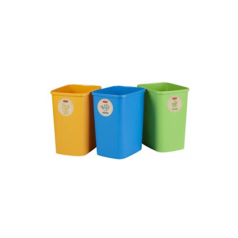 foto del prodotto eco set di 3 cestini per il sistema di riciclaggio, cestini in plastica per carta, vetro e plastica curver