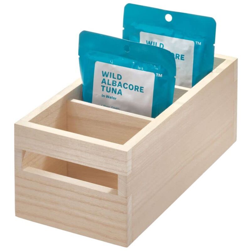 foto del prodotto eco wood ecologico con manici e scomparti, contenitore porta oggetti paulownia per scaffali o dispense, versatile scatola legno portaoggetti, beige,