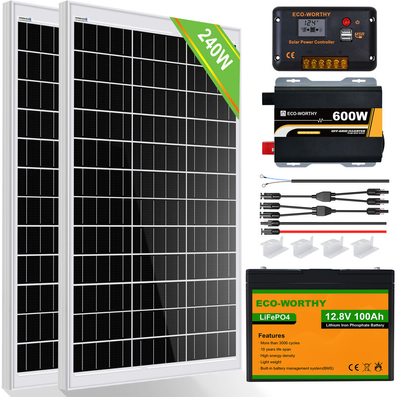 foto del prodotto eco worthy 240w 12v sistema pannelli solari 1kwh day off grid kit per casa camper capannone alimentazione 2 pezzi 120w pannelli solari 100ah