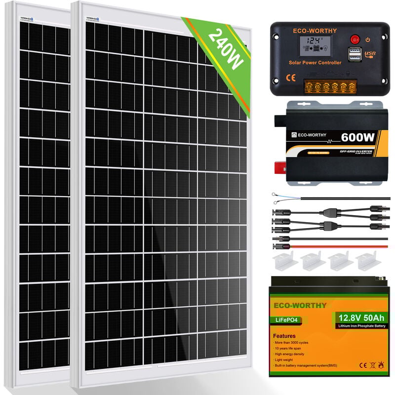 foto del prodotto eco worthy 240w 12v sistema pannelli solari 1kwh day off grid kit per casa camper capannone alimentazione 2 pezzi 120w pannelli solari 50ah