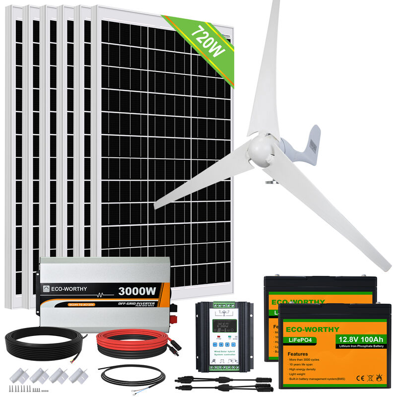 foto del prodotto eco worthy 4,6 kw giorno kit eolico solare 1160w 12v generatore turbina eolica 400w 6 pannelli solari 120 w inverter da 3000w 24v 2 batterie