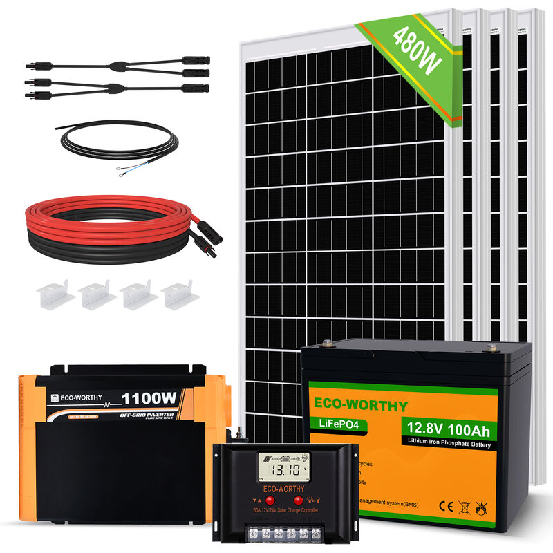 foto del prodotto eco worthy 480w 12v kit di pannelli solari monocristallini con batterie, composto da 4x120w 18v pannelli solari, 100ah 12v lifepo4 batteria al