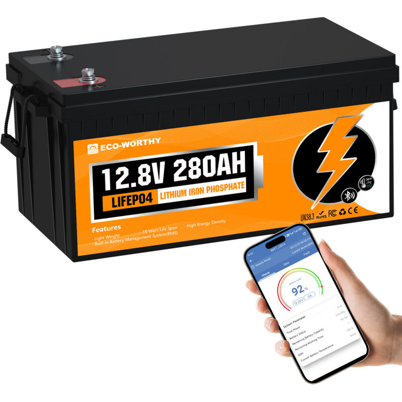 foto del prodotto eco worthy batteria al litio 12v 280ah lifepo4 lithium battery ricaricabile con oltre 6000 cicli profondi e protezione bms per sistema solare,