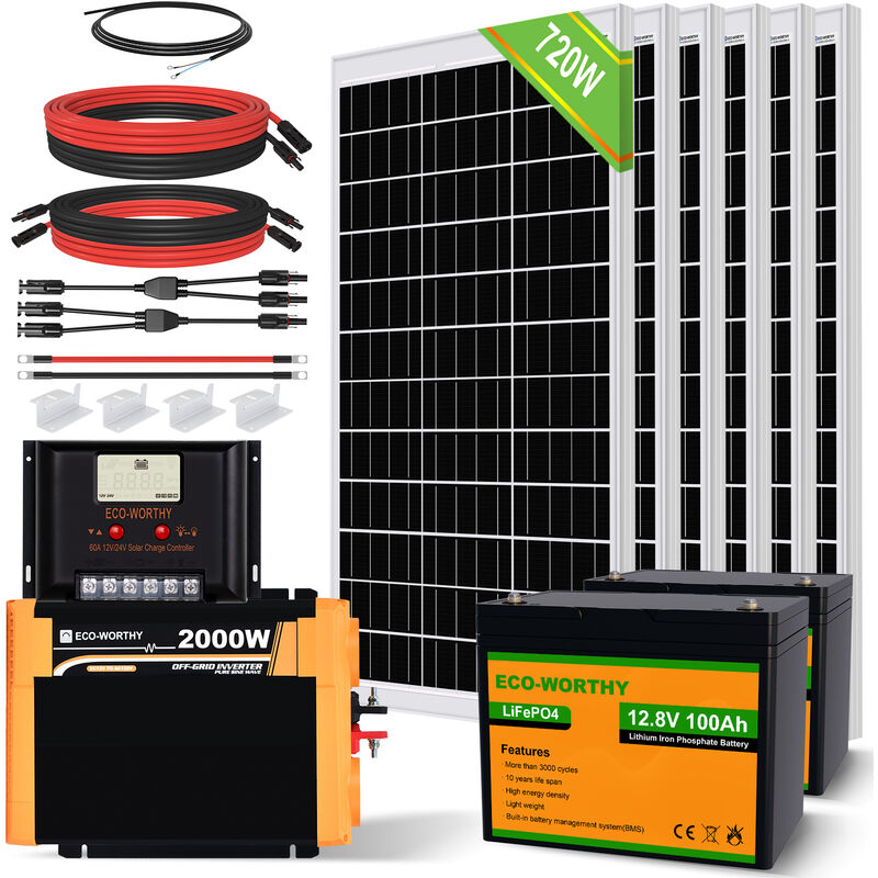 foto del prodotto eco worthy kit completo di pannelli solari 720w 12v con batteria al litio lifepo4 da 100ah 12v, inverter di carica solare a onda sinusoidale pura