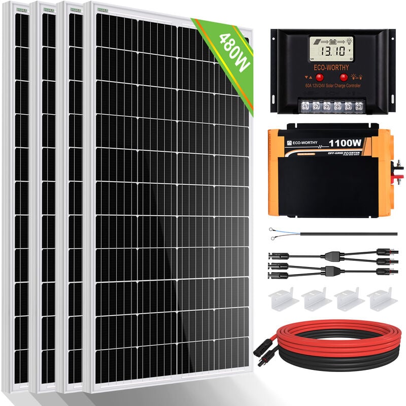 foto del prodotto eco worthy kit completo di pannello solare da 480w con inverter fuori rete da 1100w 12v e regolatore di carica solare da 60 a per barca, casa,