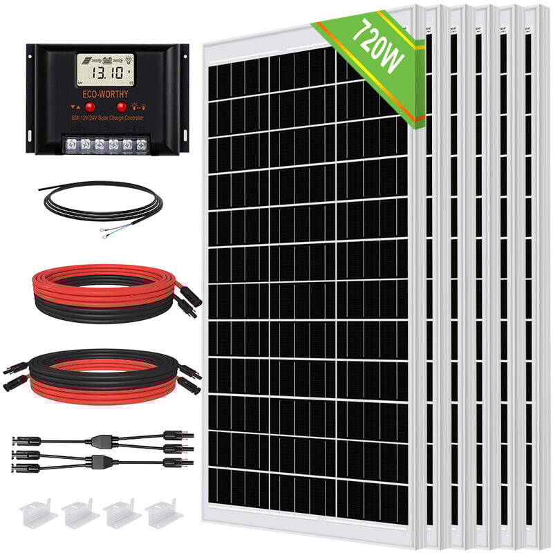 foto del prodotto eco worthy kit completo pannello solare 720w 24v con pannello solare 120w 18v, regolatore di carica solare 60a per camper cabina marina