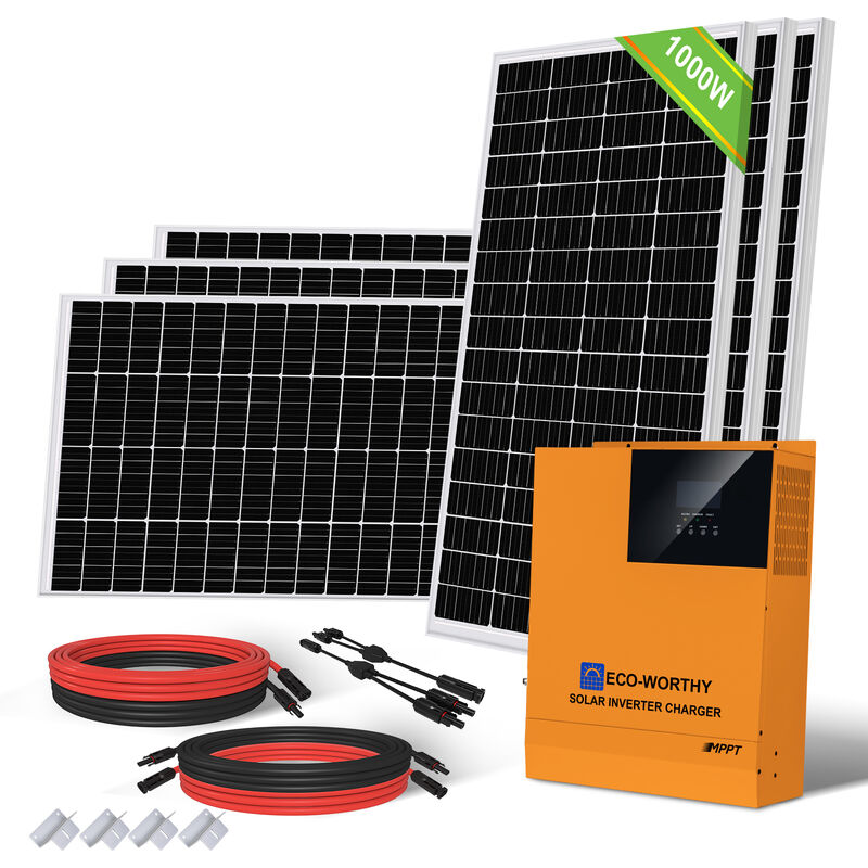 foto del prodotto eco worthy kit pannello solare da 1000 w con inverter solare a onda sinusoidale pura da 3000 w 24 v e regolatore di carica solare da 60 a per