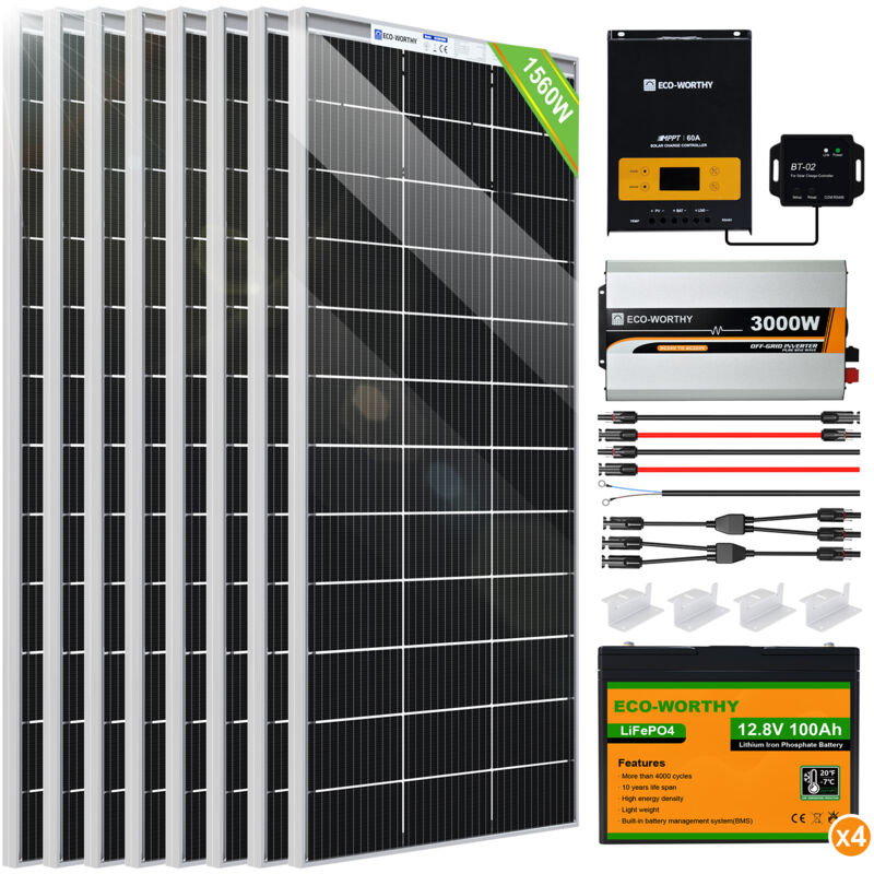 foto del prodotto eco worthy kit pannello solare da 1560w con inverter solare a onda sinusoidale pura da 3000w 24v e batteria ricaricabile al litio da 100ah 12v per