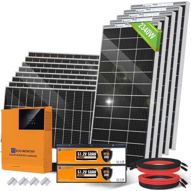 foto del prodotto eco worthy kit pannello solare da 2500 w con inverter controller all in one solare a onda sinusoidale pura da 5000 w 48 v, batteria al litio da 100