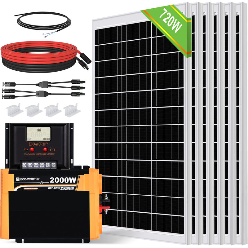 foto del prodotto eco worthy kit pannello solare da 720w 12v con inverter sinusoidale pura da 2000w 12v fuori rete pannello solare da 120w 18v per camper