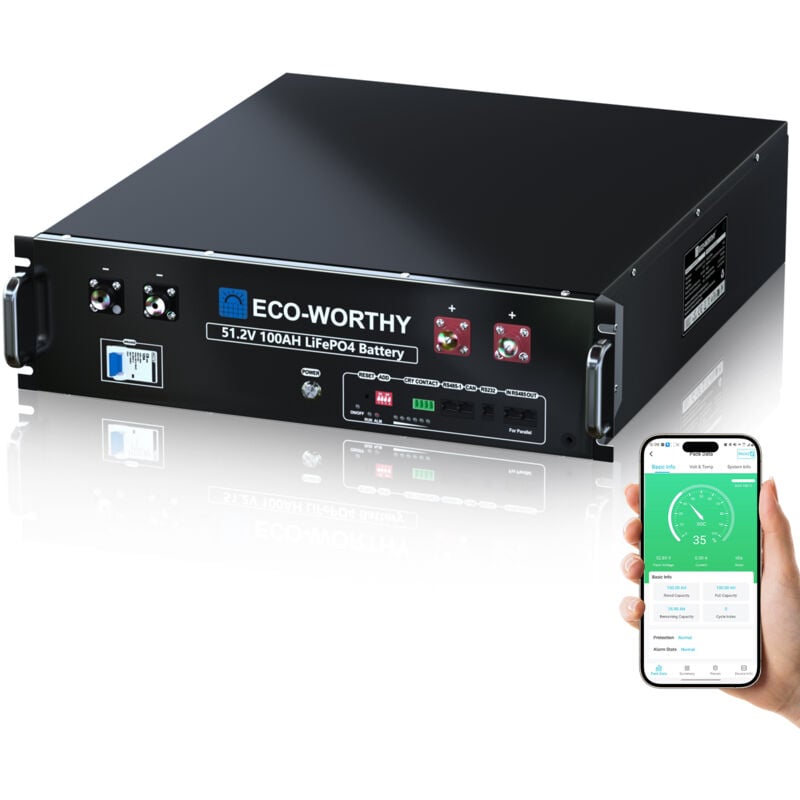 foto del prodotto eco worthy lifepo4 48v 51,2v 100ah bluetooth, batteria al litio 5.12kwh con 100a bms, batteria solare del rack del server per il set completo del
