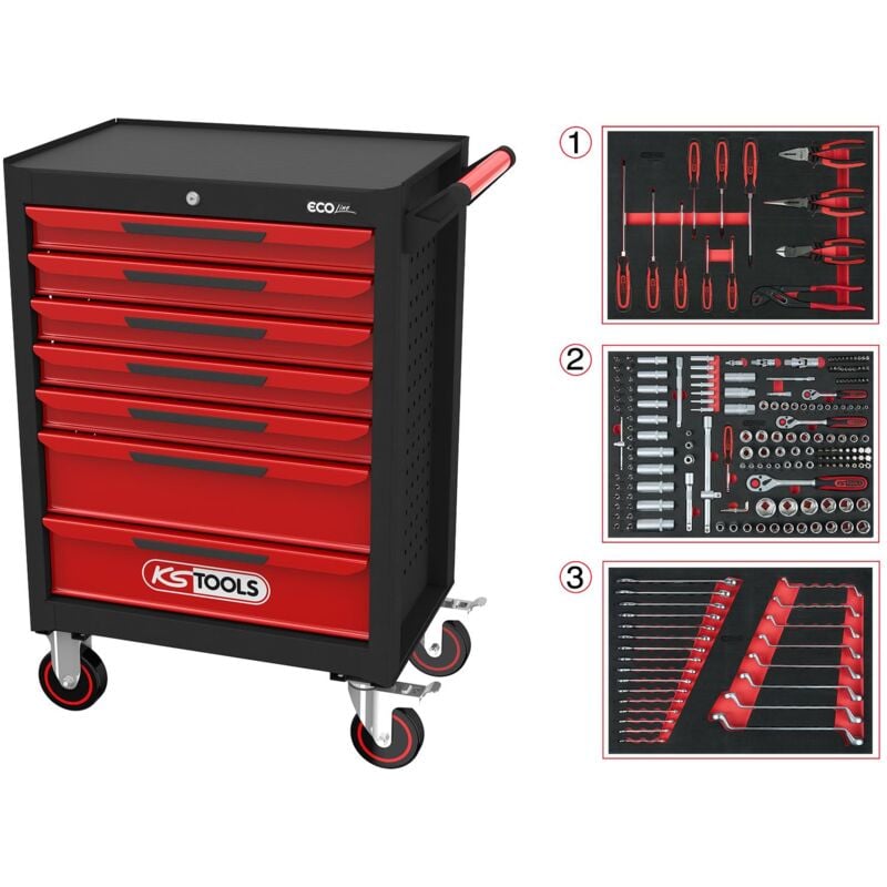 foto del prodotto ecoline nero rosso carrello portautensili con 7 cassetti e 215 utensili premium