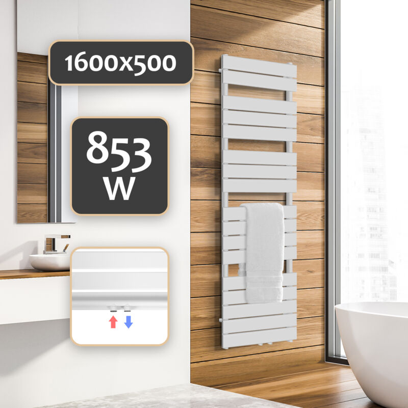 foto del prodotto ecomsof aquamarin scaldasalviette montaggio a parete, ad acqua calda, a scaletta, 1600 x 500 mm, acciaio verniciato a polvere, piatto, bianco