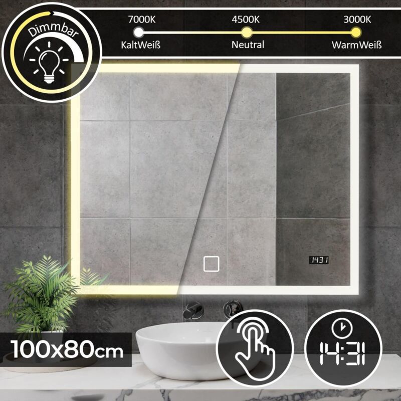 foto del prodotto ecomsof aquamarin specchio a led rettangolare 100 x 80 cm, cee a , controllo tattile, controluce 3in1 bianca fredda, calda, neutra, con