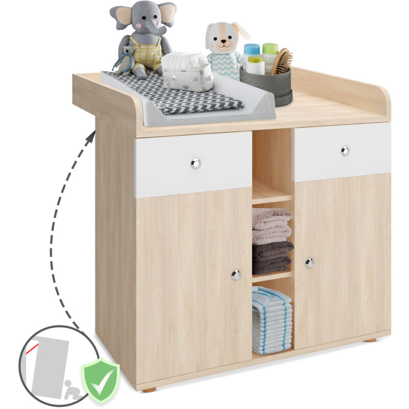 foto del prodotto ecomsof infantastic mobile fasciatoio 90 x 69 x 92 cm, 2 cassetti, 3 ripiani aperti e 2 scomparti con ante, in mdf robusto, faggio fasciatoio