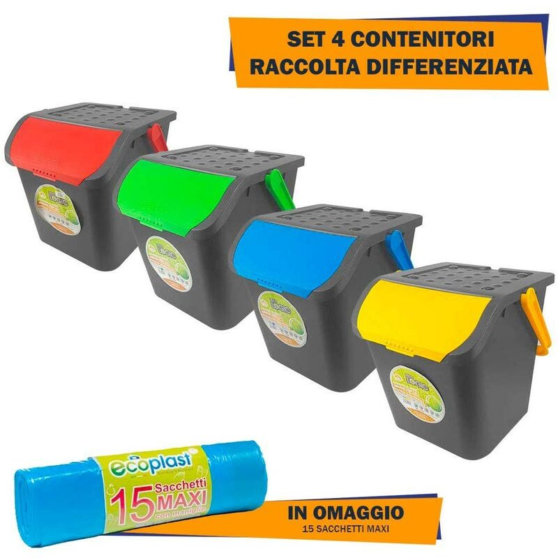 foto del prodotto ecoplast poker set contenitori raccolta differenziata da 35 lt 15 sacchetti 70 x 75 cm