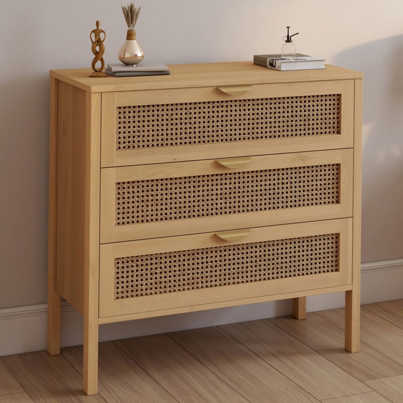 foto del prodotto edhen cassettone a 3 cassetti, 80 cm, in vimini color legno