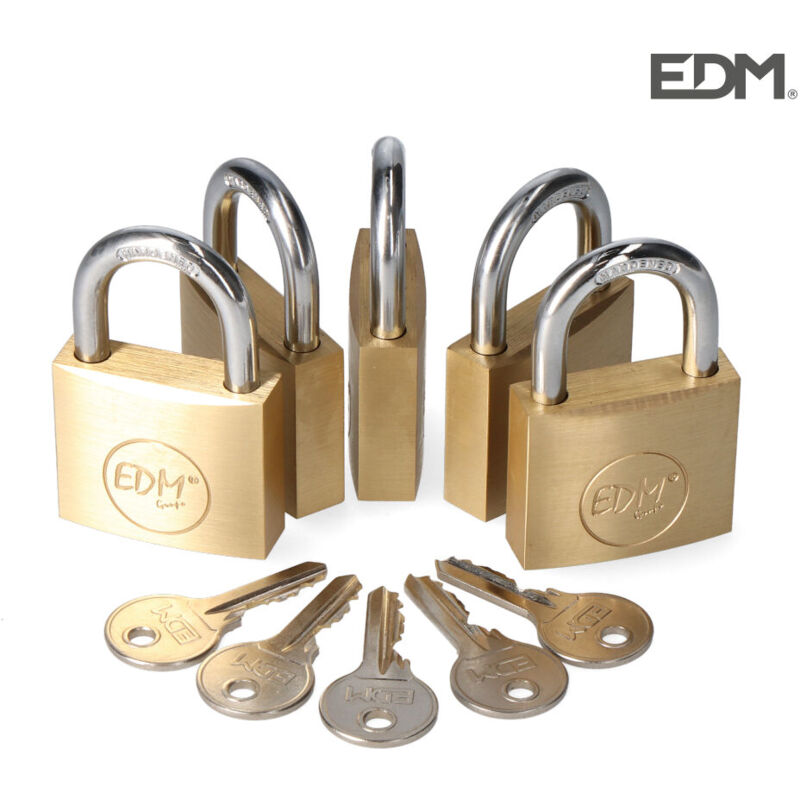 foto del prodotto edm confezione di 5 lucchetti in ottone ad arco normale 5 chiavi abbinate 40x23mm