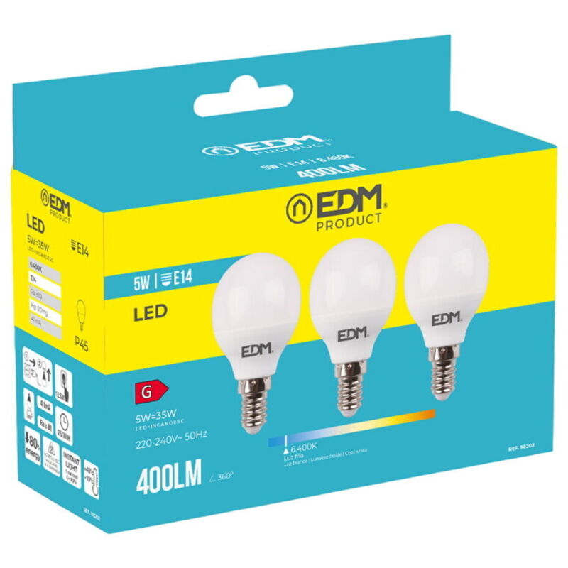 foto del prodotto edm - kit 3 lampadine a led sferiche e1414 5w 400 400lmfralatn luce fredda4 4,5x8cm
