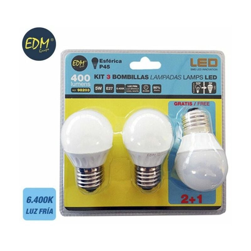 foto del prodotto edm kit 3 lampadine a led sferiche e2727 5w 400 400lm 64 6400kfralatn luce fredda