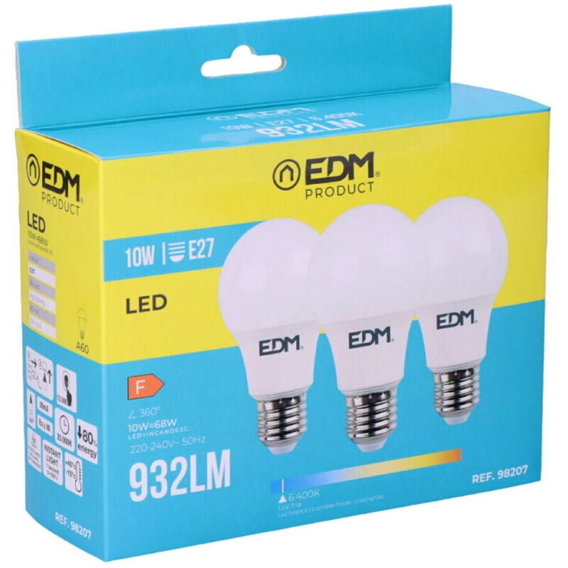 foto del prodotto edm - kit 3 lampadine led e27 9 10w 9 932lm 64 6400kfralatn luce freddafralatn