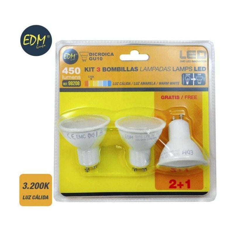 foto del prodotto edm kit 3 lampadine led gu10 450 5w 450 450lmfralatn 3200kfralatn luce calda5 5x5,5cm