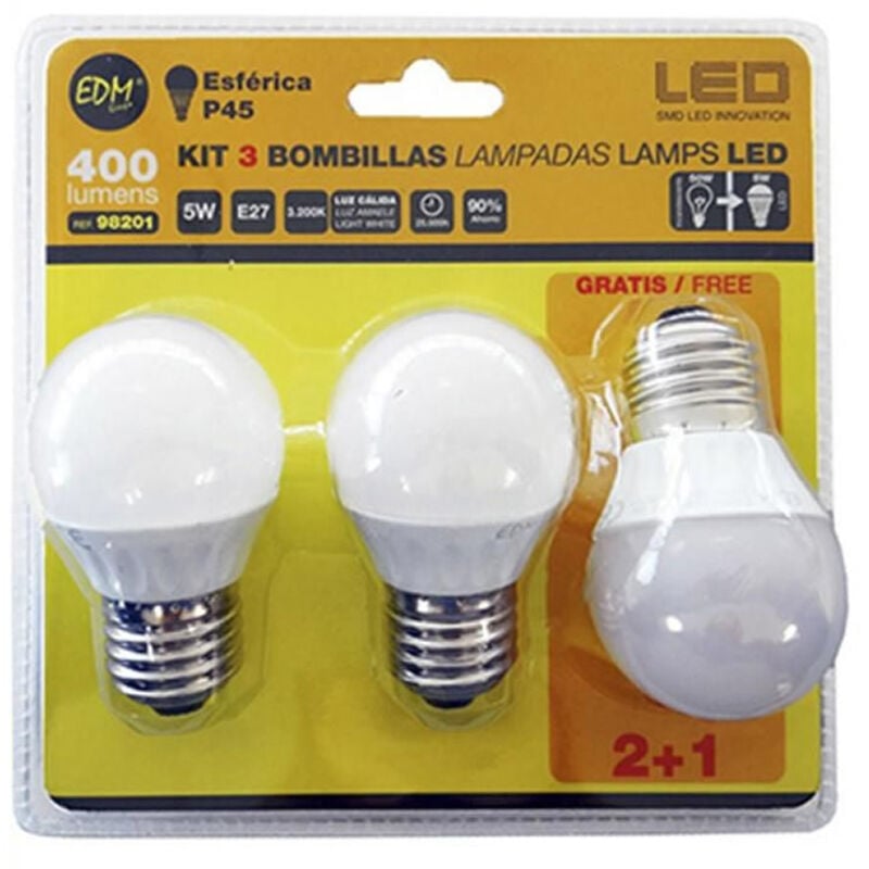 foto del prodotto edm - kit 3 lampadine led sferiche e2727 5w 400 400lmfralatn luce calda4 4,5x8cm