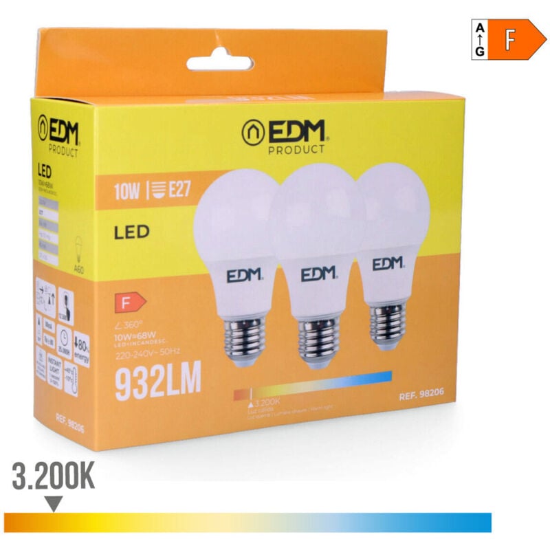 foto del prodotto edm kit da 3 lampadine led standard e27 10w 932lm 3200k luce calda 6x10,8cm